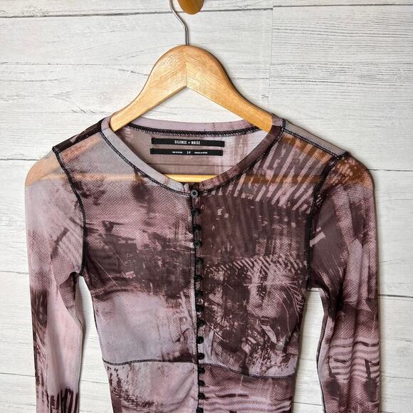 Silence + Noise Top Womens Size S-P Janice Sheer Mesh Button Down Expose Seams - Picture 6 of 16